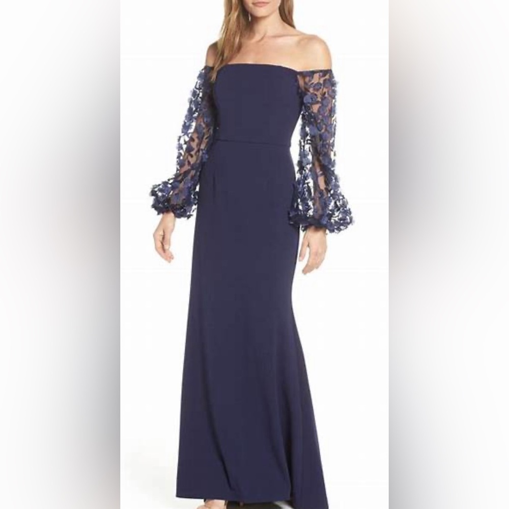 Eliza J NWOT Off the Shoulder 3D Floral Sleeve Scuba Crepe Gown